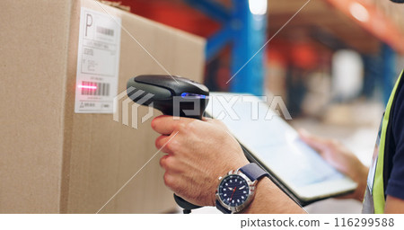 Logistics, hands and man scanning barcode in warehouse with tablet for price or serial number. Cardboard, package and closeup of male cargo worker with digital technology for inventory in storage. 116299588