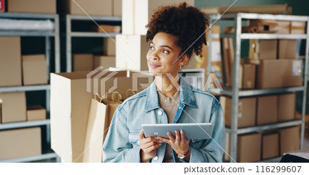 Boxes, thinking and woman with tablet, business and employee with decision, problem solving and solution. Problem solving, entrepreneur or industry with tech, cardboard or logistics order with choice 116299607