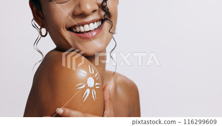 Lotion, sunscreen and shoulder of woman in studio with moisturizing, health and skincare routine. Smile, dermatology or female person with spf cream for smooth body texture by white background mockup 116299609