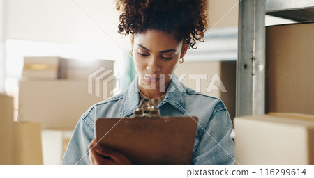 Woman, writing and warehouse with boxes or inventory, quality control for freight distribution. Female person, logistics and wholesale supplier with stock checklist, clipboard for supply chain Woman, writing and warehouse with boxes or inventory, quality control for freight distribution. Female person, logistics and wholesale supplier with stock checklist, clipboard for supply chain 116299614