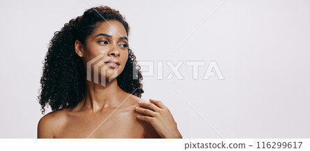 Woman, beauty and skin glow with thinking, dermatology and relax in studio. Cosmetics, facial and calm from skincare wellness and natural treatment results with white background and mockup space Woman, beauty and skin glow with thinking, dermatology and relax in studio. Cosmetics, facial and calm from skincare wellness and natural treatment results with white background and mockup space 116299617