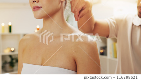 Acupuncture, person and shoulder in spa with customer treatment for healing, stress relief or therapy. Body, holistic and natural with masseuse in resort to relax for cosmetics, massage and skincare Acupuncture, person and shoulder in spa with customer treatment for healing, stress relief or therapy. Body, holistic and natural with masseuse in resort to relax for cosmetics, massage and skincare 116299621