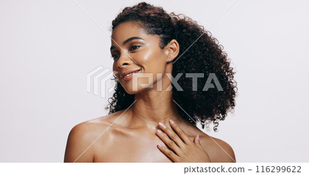 Black woman, natural beauty and skin glow with confidence, dermatology and wellness in studio. Cosmetics, facial and smile from skincare and collagen treatment results with white background and care 116299622