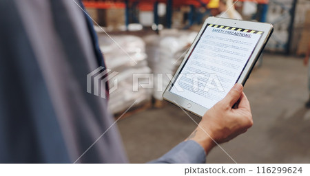 Tablet, hand and inspector in factory, screen and safety precautions for shipping, online and inventory. Wholesale, digital and technology for logistics, person and health manager in supply chain 116299624