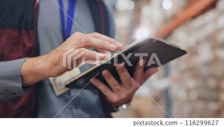Tablet, hands and logistics in warehouse for package, inventory and stock management on shelf. Industrial worker or person typing on digital tech for e commerce and commercial supply chain of boxes Tablet, hands and logistics in warehouse for package, inventory and stock management on shelf. Industrial worker or person typing on digital tech for e commerce and commercial supply chain of boxes 116299627
