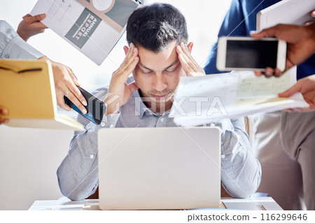 Business people, hands and man with stress headache in office for laptop multitasking, fail or deadline disaster. Migraine, crisis or accountant overwhelmed by team for tax, audit or compliance chaos Business people, hands and man with stress headache in office for laptop multitasking, fail or deadline disaster. Migraine, crisis or accountant overwhelmed by team for tax, audit or compliance chaos 116299646