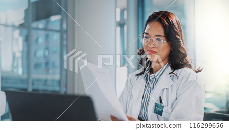 Woman, doctor and smile with paperwork or laptop for research or study results and feedback. healthcare, medical and happy or satisfied with document for medicine or patient information in office Woman, doctor and smile with paperwork or laptop for research or study results and feedback. healthcare, medical and happy or satisfied with document for medicine or patient information in office 116299656