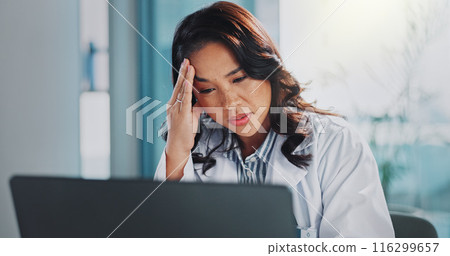 Headache, doctor or woman on laptop with stress in hospital clinic overwhelmed by emergency. Depression, sick and tired healthcare worker in office frustrated by migraine pain, anxiety or burnout Headache, doctor or woman on laptop with stress in hospital clinic overwhelmed by emergency. Depression, sick and tired healthcare worker in office frustrated by migraine pain, anxiety or burnout 116299657