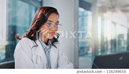 Woman, doctor and office with reading on laptop for research or study results and feedback. Healthcare, medical and serious with telehealth for medicine, patient information and report at clinic Woman, doctor and office with reading on laptop for research or study results and feedback. Healthcare, medical and serious with telehealth for medicine, patient information and report at clinic 116299658