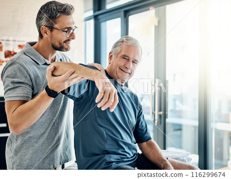 Healthcare, physiotherapist and old man with arm massage, stretching and help in senior rehabilitation. Physio, therapist and elderly patient for mobility training, exercise or support in retirement 116299674