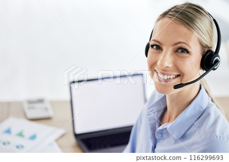 Business woman, portrait and call centre consultant with confidence and blank laptop screen. Web consultation, telemarketing agency and professional with happy employee at office desk with about us Business woman, portrait and call centre consultant with confidence and blank laptop screen. Web consultation, telemarketing agency and professional with happy employee at office desk with about us 116299693