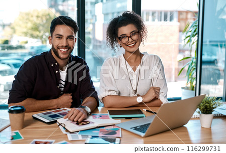 Portrait, man and woman in office for graphic design, planning or research for online project. Teamwork, laptop or creative ideas for website with technology, collaboration and designer partnership 116299731