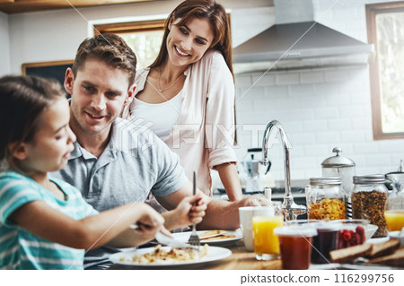 Love, breakfast pancakes and hungry family with children, mother and father, bonding and prepare ingredients. Morning food, cooking and happy woman, man and daughter in home kitchen eating meal Love, breakfast pancakes and hungry family with children, mother and father, bonding and prepare ingredients. Morning food, cooking and happy woman, man and daughter in home kitchen eating meal 116299756