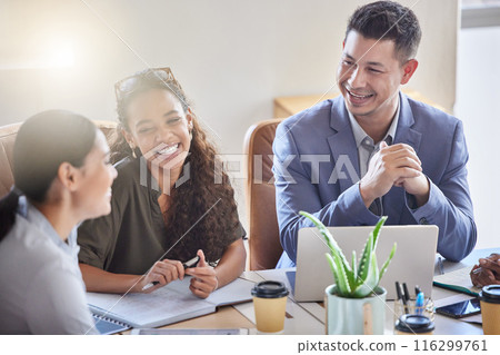 Office, discussion and laptop with interview, laugh and group collaboration for small business startup. Law firm, teamwork and employee support with company planning, management and intern training 116299761