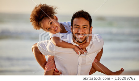 Father, portrait and piggyback girl on beach, bonding and care with parent and child in nature on seashore on holiday. Relax, happy and family vacation for ocean fun, smile and childhood and together Father, portrait and piggyback girl on beach, bonding and care with parent and child in nature on seashore on holiday. Relax, happy and family vacation for ocean fun, smile and childhood and together 116299762