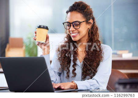 Business woman, laptop and coffee with smile in office for planning, networking and internet. Marketing manager, technology and happy in the morning for research, development and brand management Business woman, laptop and coffee with smile in office for planning, networking and internet. Marketing manager, technology and happy in the morning for research, development and brand management 116299763