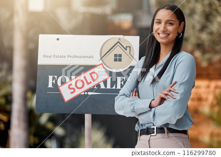 Arms crossed, sold sign and portrait of realtor woman in garden of home for bond, loan or mortgage. Board, property and sale with real estate agent in neighborhood for finance, growth or investment 116299780