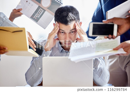 Business hands, portrait or man with stress headache in office on laptop multitasking, fail or deadline disaster. Migraine, crisis or accountant overwhelmed by team for tax, audit or compliance chaos Business hands, portrait or man with stress headache in office on laptop multitasking, fail or deadline disaster. Migraine, crisis or accountant overwhelmed by team for tax, audit or compliance chaos 116299784