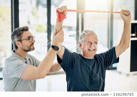 Smile, physiotherapist and old man with resistance band, stretching and senior healthcare rehabilitation. Physio, caregiver and elderly patient for mobility training, exercise and help in retirement. 116299785