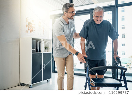 Physiotherapist, walking frame and old man for rehabilitation, consulting and recovery. Healthcare, physical therapy and senior person with disability help for medical service, wellness and support 116299787
