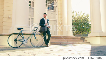 Bicycle, travel or businessman at law firm for interview, meeting or job opportunity. Carbon neutral, cycling and lawyer with eco friendly transport in London for recruitment, deal and hiring in city 116299863