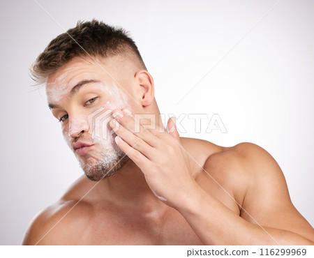 Cleaning, skincare and man with face mask in studio for facial treatment, grooming or dermatology on white background. Wellness, cosmetic and model for healthy pores, morning routine or satisfaction Cleaning, skincare and man with face mask in studio for facial treatment, grooming or dermatology on white background. Wellness, cosmetic and model for healthy pores, morning routine or satisfaction 116299969
