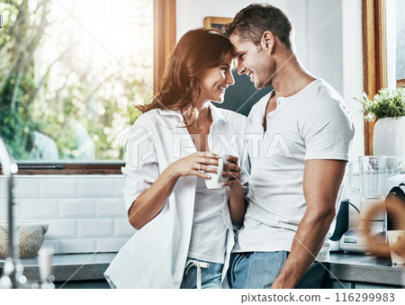 Coffee, love or happy couple in kitchen for romance, care or bonding together with relationship connection. Man, woman and people embrace with forehead touch in marriage with home morning tea Coffee, love or happy couple in kitchen for romance, care or bonding together with relationship connection. Man, woman and people embrace with forehead touch in marriage with home morning tea 116299983