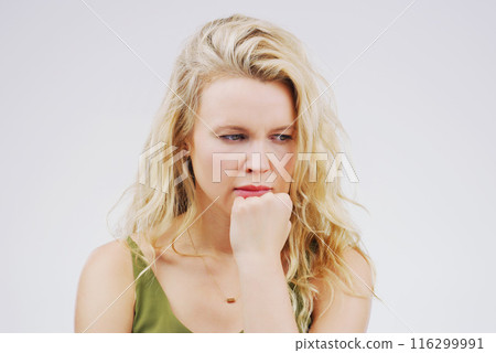 Thinking, confused and woman with doubt in studio for brainstorming, problem solving or solution isolated on white background. Vision, idea and planning future, decision or reflection for inspiration 116299991