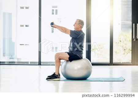 Weights, physio and old man with gym ball, muscle stretching and fitness for senior person. Physiotherapy, dumbbells and elderly patient in mobility training, exercise or healthcare in retirement 116299994