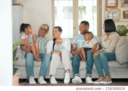 Happy family, relax and together for reunion on sofa in living room for gathering, children and love. Support, celebrate and excited for holiday or vacation in home with kid and parents on couch 116300028