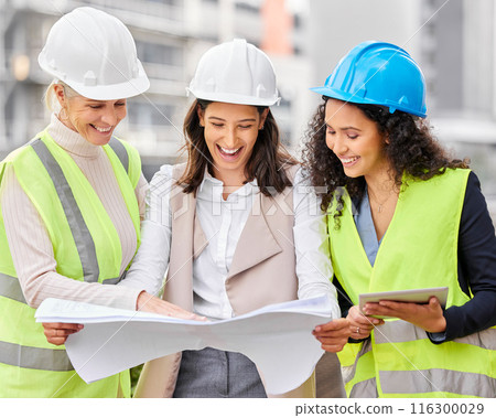Engineering, women or blueprint for teamwork, architecture or feedback with conversation, review and project. Group, staff or leader with employees, documents or floor plan with contractor and smile 116300029