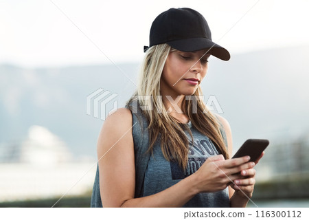 Girl, phone and commute in city, walking and internet on street for social media or typing. Female person, communication and travel in urban town, navigation and direction app for adventure journey 116300112