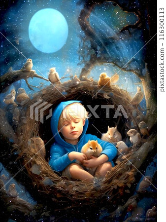 [Inoue Kantaro ★ Secret Hideout] Boy, male, animal, bird, night sky, squirrel, bird's nest, full moon, fantasy, cute 116300113