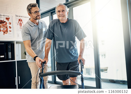 Physiotherapy, walking frame and old man for consulting, rehabilitation or recovery. Healthcare, physical therapy and therapist with senior patient for medical service, wellness or disability support Physiotherapy, walking frame and old man for consulting, rehabilitation or recovery. Healthcare, physical therapy and therapist with senior patient for medical service, wellness or disability support 116300132
