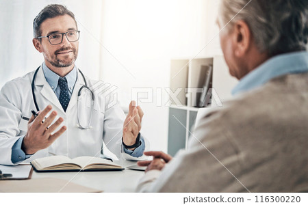 Consultation, man and doctor in office with advice, help and discussion for health insurance. Clinic, senior patient and medical professional at desk with support, trust and healthcare at checkup 116300220