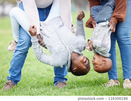 Parents, children and upside down for swing, laugh and bonding with care, love and outdoor at park. Black family, siblings and people with games, together and playing in garden, nature or backyard Parents, children and upside down for swing, laugh and bonding with care, love and outdoor at park. Black family, siblings and people with games, together and playing in garden, nature or backyard 116300286