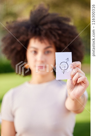 Woman, portrait and placard for outdoor protest on gender equality, equal pay or fair opportunity. Feminism, paper and hand of female person for unfair financial compensation, income bias or sexism Woman, portrait and placard for outdoor protest on gender equality, equal pay or fair opportunity. Feminism, paper and hand of female person for unfair financial compensation, income bias or sexism 116300316