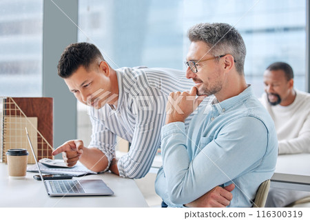 Teamwork, men and laptop in discussion with mentor for help, opinion and advice on report at desk. Employer support, feedback or proposal for project, collaboration and idea for planning in office 116300319