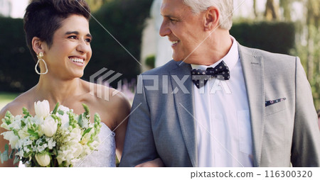 Wedding, father and daughter of the bride happy, pride and support of family for ceremony, celebration and marriage. Woman, dress and senior man, tradition in nature park or bonding while together 116300320
