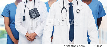 Team, people and doctors in hospital for healthcare service, career and about us in clinic for medicine. Group, body and medical staff with stethoscope, nurses and professional surgeon in clothes 116300355