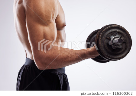 Man, body and arm with dumbbell in studio, strong and weightlifting workout for performance or wellness on white background. Muscle, bodybuilder and power training, athlete and fitness exercise Man, body and arm with dumbbell in studio, strong and weightlifting workout for performance or wellness on white background. Muscle, bodybuilder and power training, athlete and fitness exercise 116300362