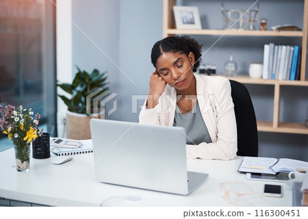 Black woman, office and sleep with laptop, paperwork and burnout in financial administration. Fatigue, audit and overworked businesswoman with budget plan, exhausted or tired with online tax report 116300451