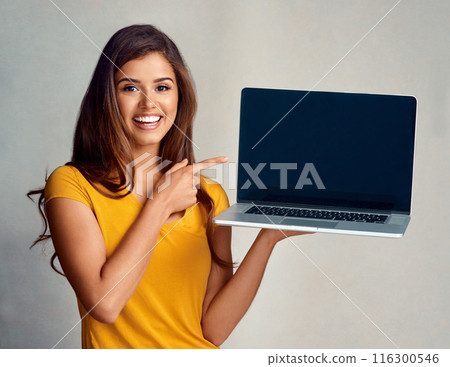 Woman, laptop screen and product for advertising, smile for promotion and isolated in white background. Computer, happy girl or marketing by brand with technology, presentation and mockup in studio Woman, laptop screen and product for advertising, smile for promotion and isolated in white background. Computer, happy girl or marketing by brand with technology, presentation and mockup in studio 116300546