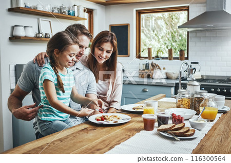Childhood, breakfast pancakes and happy family with children, mother and father, bonding and prepare ingredients. Morning food, cooking and hungry woman, man and daughter in home kitchen eating meal Childhood, breakfast pancakes and happy family with children, mother and father, bonding and prepare ingredients. Morning food, cooking and hungry woman, man and daughter in home kitchen eating meal 116300564