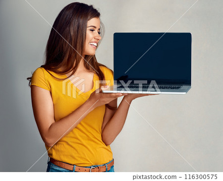 Woman, laptop screen and product for advertising, smile for promotion and mockup on white background. Computer, happy girl or digital marketing with technology, app and presentation in studio 116300575
