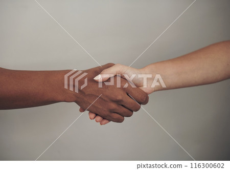 Handshake, diversity and people on studio background, unity and agreement for solidarity, support and partnership. Deal, teamwork and collaboration for inclusion, introduction and negotiation mock up 116300602