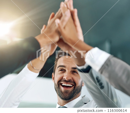 Man, hands and diversity for success in high five for business or project as lawyer in corporate. Teamwork, celebration and workplace with happy, winning or collaboration in career as professional 116300614