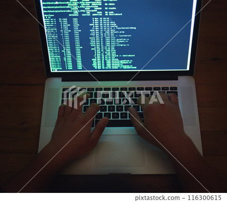 Coding, hands and hacker on laptop at night as malware thief for hacking database software, hardware virus or firewall error. Spy, typing or criminal danger for phishing, cyber crime or privacy risk 116300615