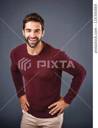 Studio, happy and portrait of man, confidence and sweater in mockup space, pride and cardigan in winter. Gray background, funny and person in Miami, laughing or comfortable in clothes, joy and jersey 116300869