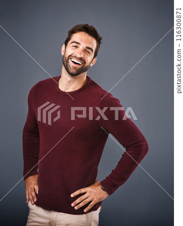 Studio, portrait and laughing of man, sweater and confidence in mockup space, pride and cardigan in winter. Gray background, funny and person in Miami, happy or comfortable in clothes, joy and jersey Studio, portrait and laughing of man, sweater and confidence in mockup space, pride and cardigan in winter. Gray background, funny and person in Miami, happy or comfortable in clothes, joy and jersey 116300871